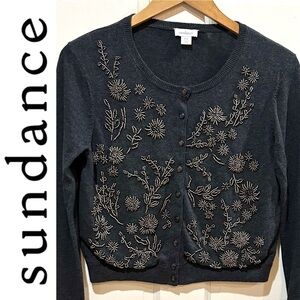 Sundance Charcoal Gray Beaded Cardigan Sweater Boho Western Romantic Cashmere
